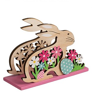 Suport Servetele de Masa in Forma de Iepuras de Paste din Lemn cu Baza Roz 12x5x9cm