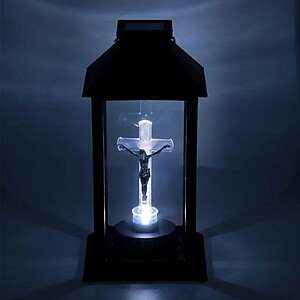 Felinar profesional Solar Negru Cruce cu LED ,pentru cimitire si morminte 14x14x28cm